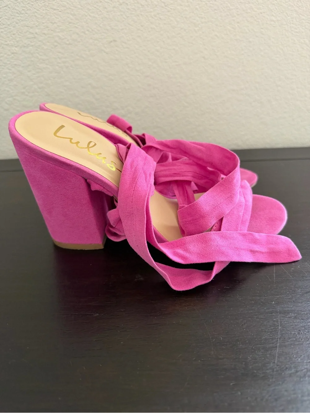 Lulus Orchid Suede Lace Up Block Heel Sandals Size 7.5